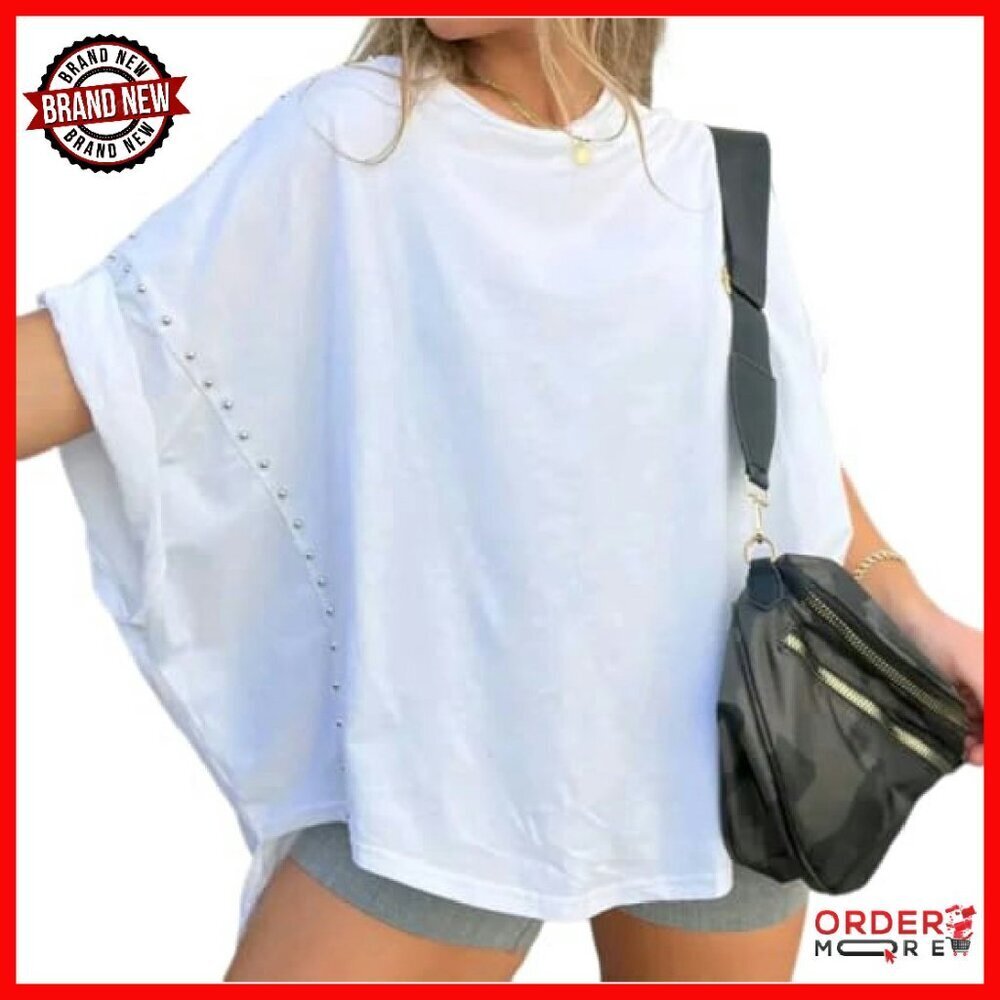 Oversized Batwing Sleeve Studded T-Shirt Asymmetric Hem Loose Fit